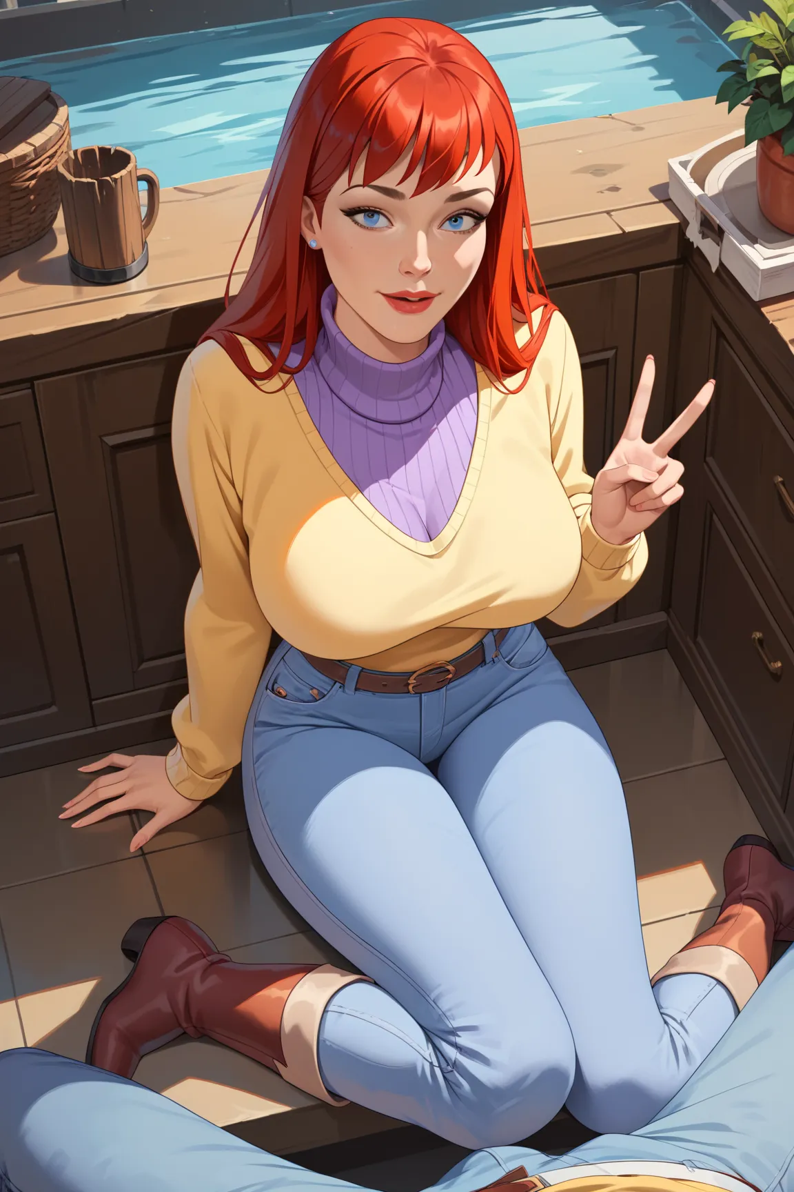 score_9, score_8_up, score_7_up, score_6_up, score_5_up, score_4_up, BREAK, 1boy, pov, 1girl, MJ, red hair, blue eyes, yellow sweater, purple turtleneck, jeans, boots, sitting, one leg bent, peace sign, Big breasts 