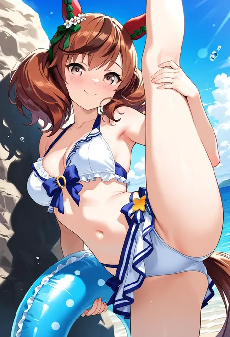 Nice nature（   Uma Musume  )SMILE,,,,smile,,smile,,smile,, BEST QUALITY OFFICIAL ART ,( best quality )、smile,,smile,, (1girl bikini ocean watersplash bubble Swim ring）best quality ( best quality )、(Nonsense)、( very detailed)、( very beautiful way to hold ) ...