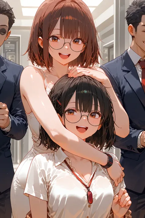 Make an anime version of the original Deadpool from Marvel Comics lifting in his arms a thin, tall girl with short hair down to her shoulders, brown eyes and round glasses smiling and laughing with amusement and embarrassment.
