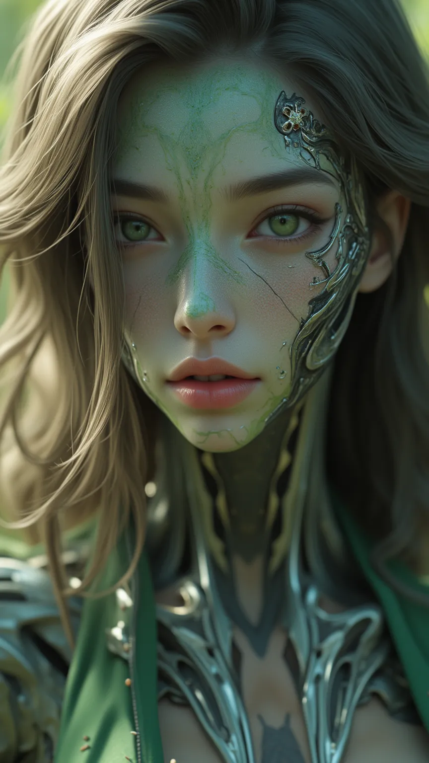 masterpiece，Quality Best，high quality，Very Beautiful，absurd， latest，8k，depth of field，Focus theme ，A close-up portrait of an alien woman，Her striking feature is the blending of the elegant and subtle mechanical elements of alien aliens。Her skin is smooth，e...