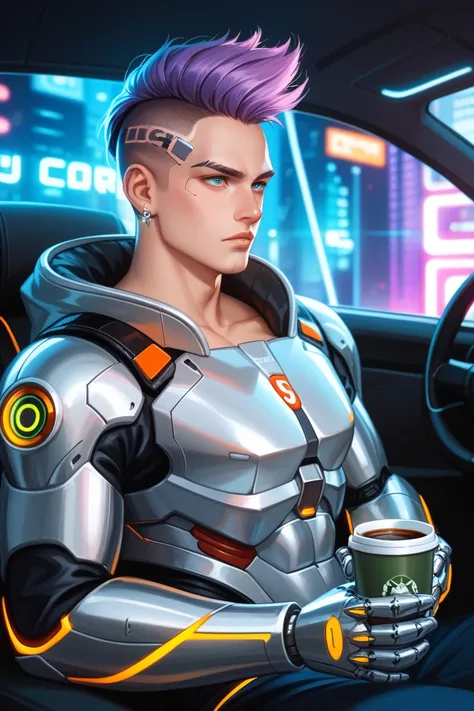 A futuristic, cyberpunk-style male character with sharp, angular facial features and an intense gaze. He has a mohawk hairstyle with spiky, vibrant purple hair and a shaved undercut with intricate line designs. His skin is tan, and he wears a single small ...