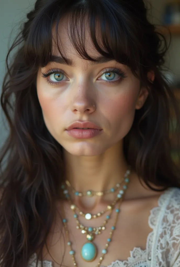 a close up of a woman with a necklace and a necklace, a picture by Siona Shimshi, instagram, hurufiyya, violet myers, blue symmetric eyes 24yo, pale-skinned persian girl, black hair and large eyes, portrait sophie mudd, charli bowater, profile image, amour...