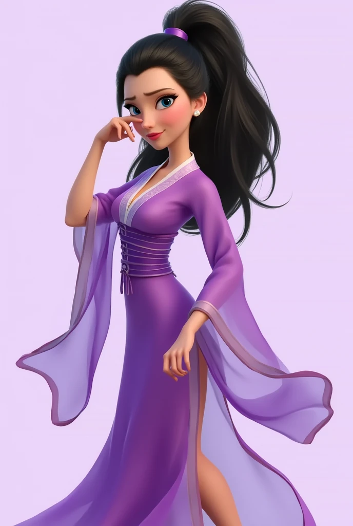 nzyfr,A cartoon drawing of a woman with long black hair tied in a ponytail. She is wearing a purple dress with a purple scarf around her neck. transparent clothes under which a beautiful naked body, Her hair is pulled back in a bun. Her eyes are blue and h...