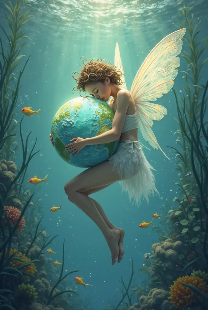 Create a poster of a fairy sitting embracing the earth deep in the water
