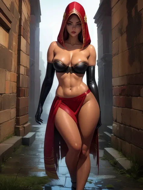 Dsorceress, redhair, shadowy face, ancient city, hood, shadowed very cute face, mini skimpy strapless bra, (((very slim and very skinny body))), skinny thighs, skimpy slit miniskirt, ((no underwear, no panty, naked beneath her skirt)), black stockings, elb...