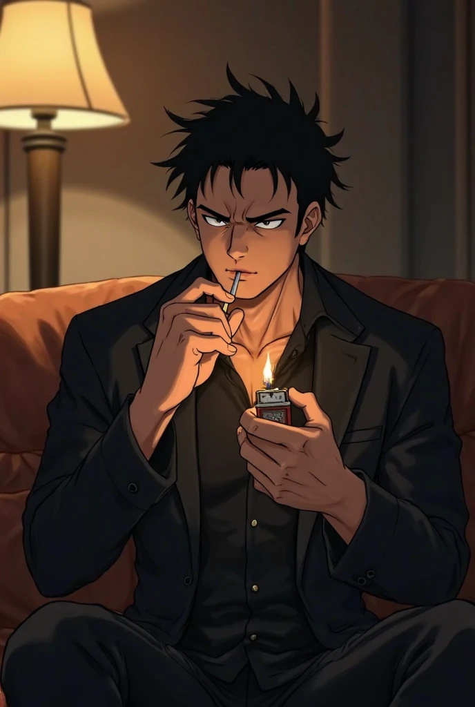 Anime Style, Medium Shot . The scene is set in **Sato’s apartment living room**, viewed from a close up shot. **Sato**, a muscular 35-year-old man with short, messy black hair and a stern expression, sits on the **brown leather puff sofa**. He wears a blac...