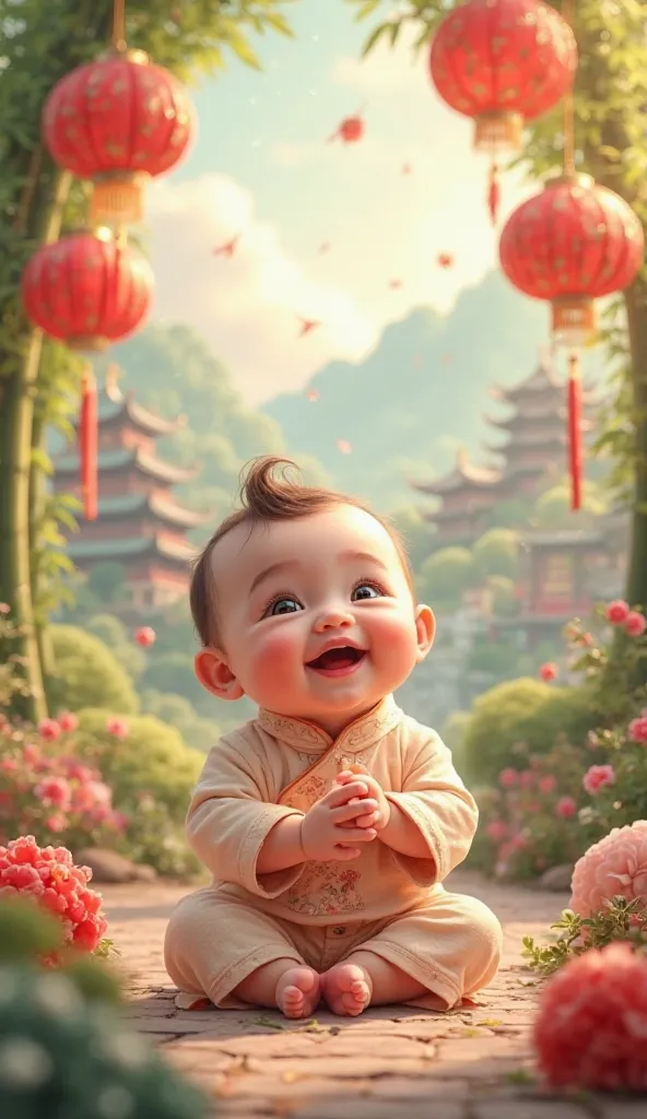 A cute baby with a joyful smile sitting and crying, with a background resembling traditional Chinese scenery, featuring elements like red lanterns, bamboo trees, and ancient architecture.