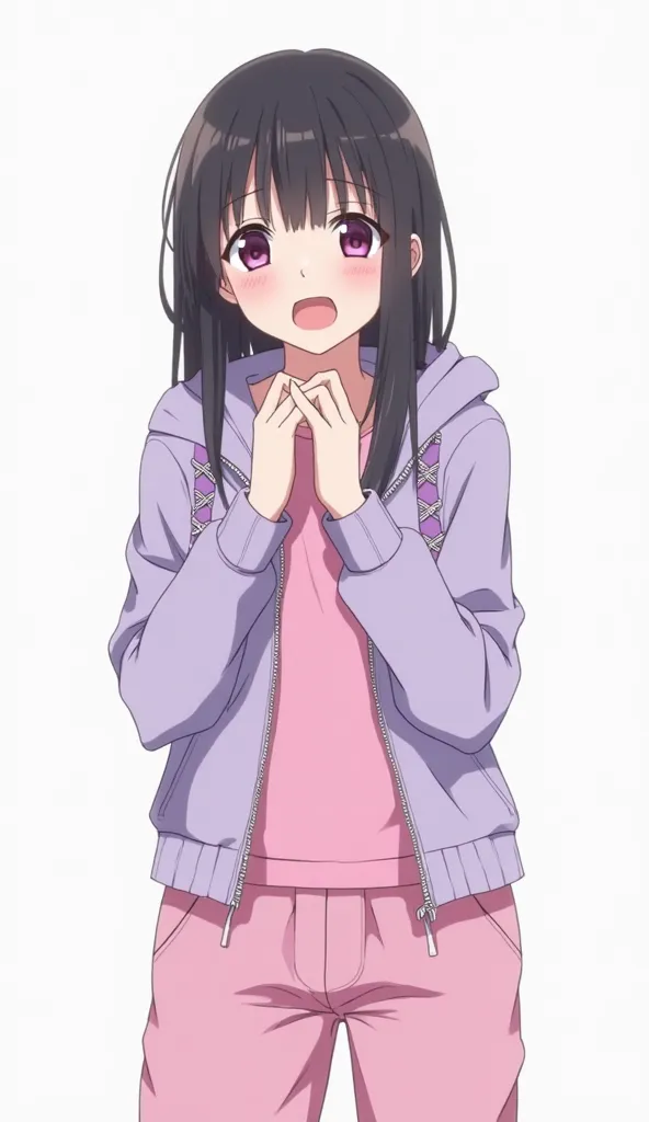 Japanese anime adolescent woman with medium long straight black hair with a ponytail and intense magenta eyes and wears a light purple hoodie with purple laces , a pink t-shirt underneath and loose pink pants with white shoes in shades of pink and a white ...