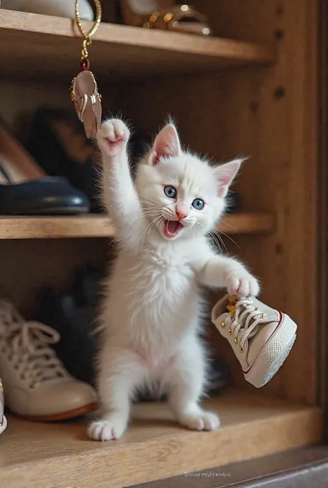 
---

5. Trouble in the Shoe Closet

"Amid a luxurious walk-in closet, the tiny, well-dressed white kitten is caught red-pawed inside a designer shoe shelf. One sneaker dangles from its paw as it playfully tries to knock it over, completely unbothered by t...