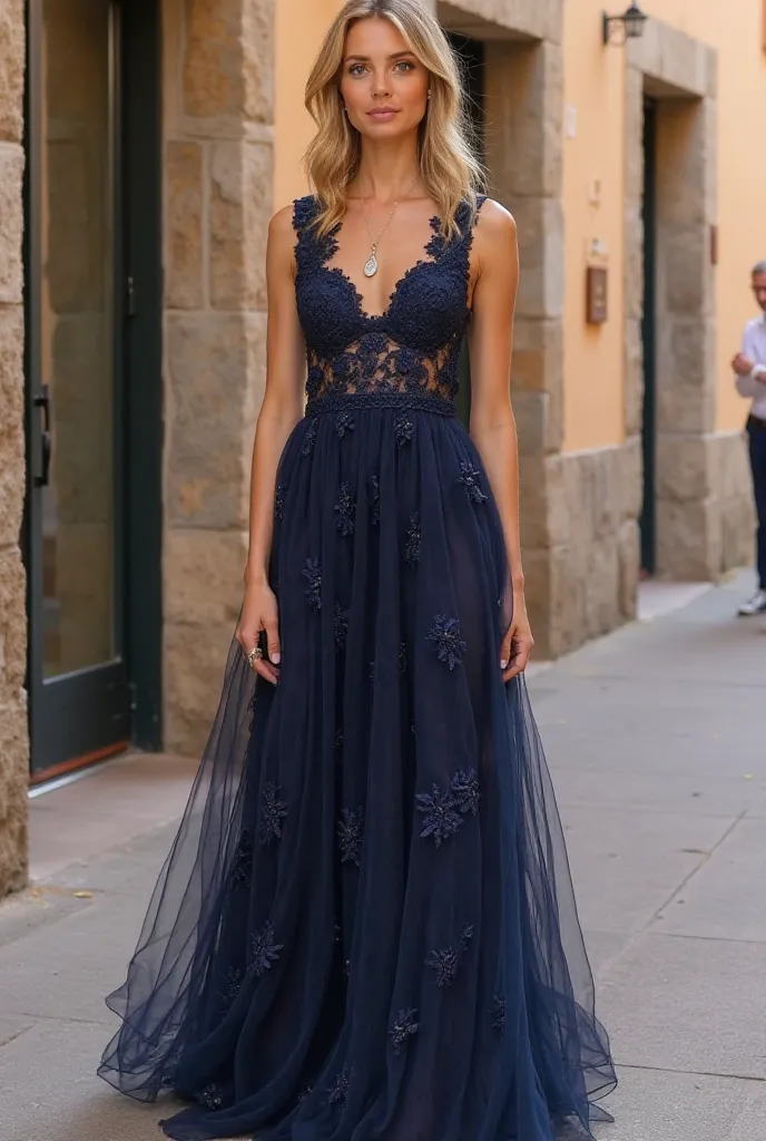 an american singer olivia wear Princess Leonor of Spain wore a navy blue Self-Portrait lace dress to the 2024 Princess of Girona Foundation awards in Lloret de Mar, Spain.  full sized at the street alone