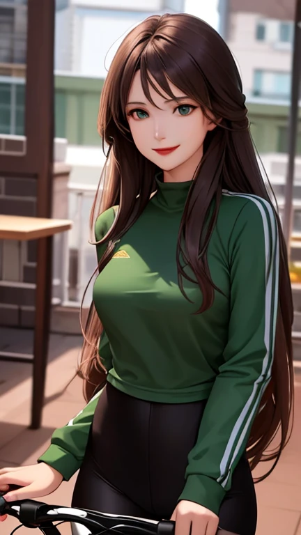 woman , long hair brown, normal, dark, she is solo, from alternative world ,best quality, realistic, cycling (full dark green color) suit and cycling sports black shorts, she is stand , smile, red lipstick , 