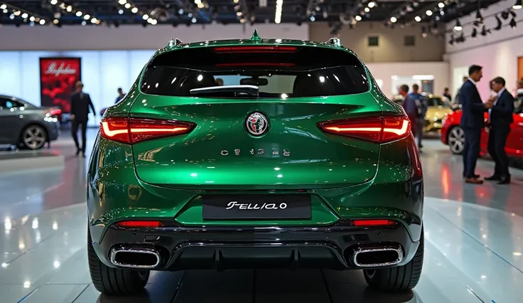 "A breathtaking ultra-realistic three-quarter rear view of the 2025 Alfa Romeo Stelvio sedan, gleaming in its futuristic metallic green shade. The sharp LED taillights and elegant rear design make a bold statement. The exhaust pipes and rear bumper add a s...