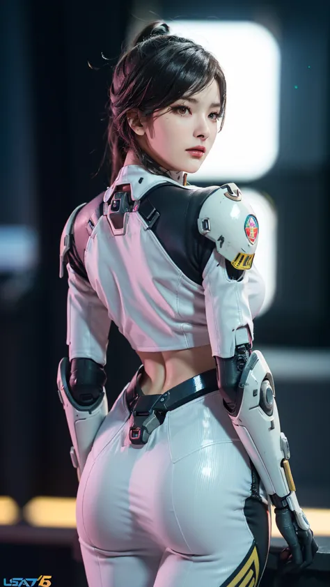  alone, standing upright, physically-based rendering, Unreal Engine 5 Rendering, Jealous, (half-body look:1.5), beautiful breasts, ((Wearing a science fiction military uniform, Sci-fi woman , beautiful cyborg woman in a sci-fi military uniform+futuristic a...