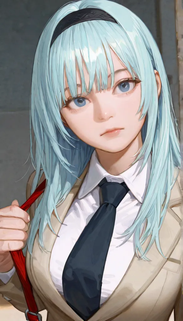 1 girl,  long hair,  straight bangs,  light blue hair, Blue pupils、black headband, big breasts, sling, schools、Licensed、 blazer、high school girl、Young lady、high resolution,  expressionless, 