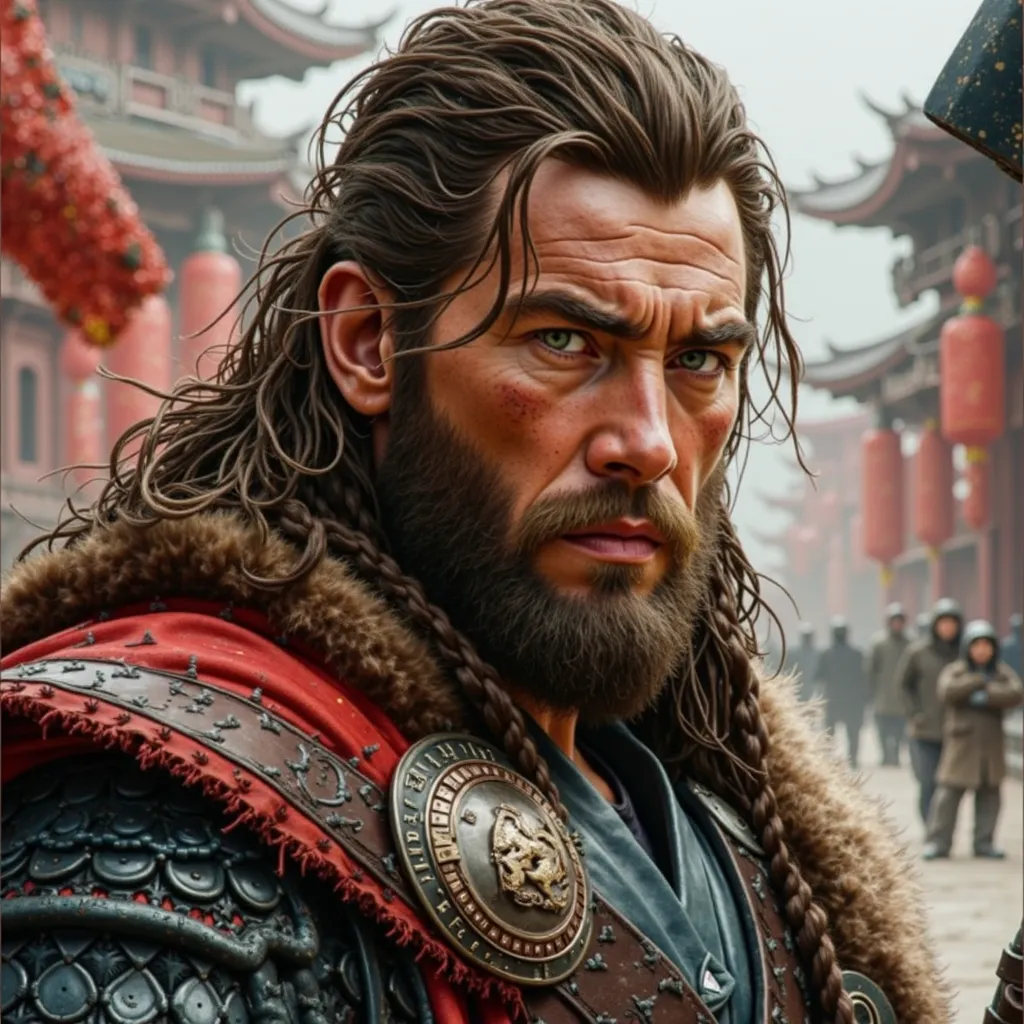 Brutal man in his 40s in China with long brown hair, assembled at the back, with a short brown beard with a square jaw shape,  lies with green eyes, looking at me 