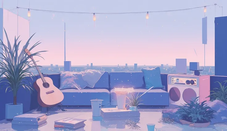 Rooftop at night、nighttime scene、outside of house、with no people、Calm and meditative atmosphere、houseplant、Lo-fi atmosphere、String Light、Cozy sofa、Pink radio with retro design、Hot coffee on the coffee table、Warm blanket、Scattered books、There is an acoustic...