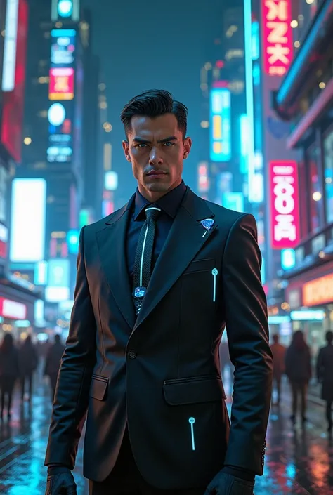 Futuristic cyberpunk city with people walking around and humanoid robots walking around and medium build white American male male with short black hair wearing black suit with blue neon close up facing the camera up close full body with Holographic videos ...