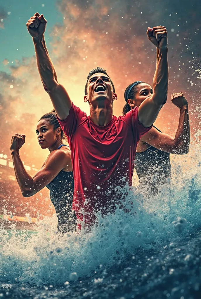 Photo montage of Cristiano Ronaldo (soccer player) ,  serena Williams  (tennis player) and Michael Phelps (swimmer) in a winning attitude