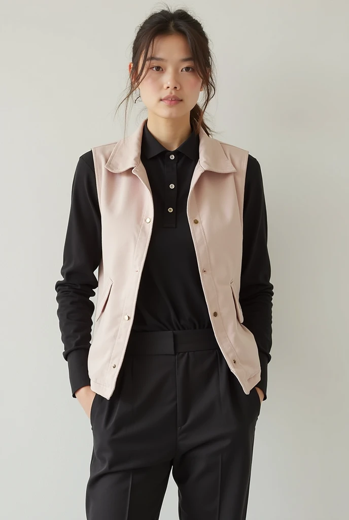 black long-sleeved polo and black slocks with pastel vest