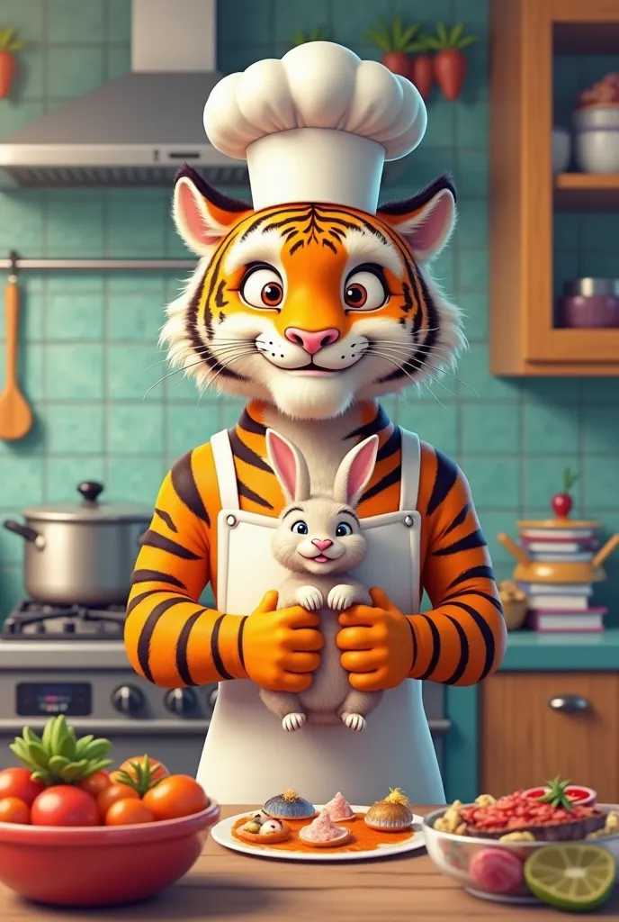 a funny tiger cooking rabbit in the kitchen 