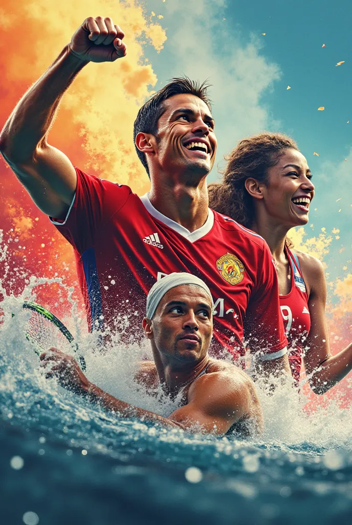 Photo montage of Cristiano Ronaldo (soccer player) ,  serena Williams  (tennis player) and Michael Phelps (swimmer) in a winning attitude