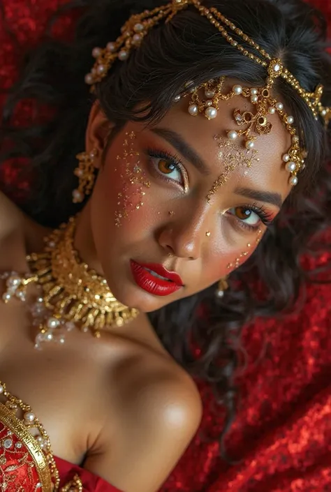 Sliver Shine Fabric visible by body stockings carnel  Golden Sliver Shine Beautiful seductive makeup of Ancient Indonesia goddess of sex , Model Fat Beauty gold silver Rudy Pearl Jewellery transparent Oil  Golden Red female god a Prostitute, Laying down on...