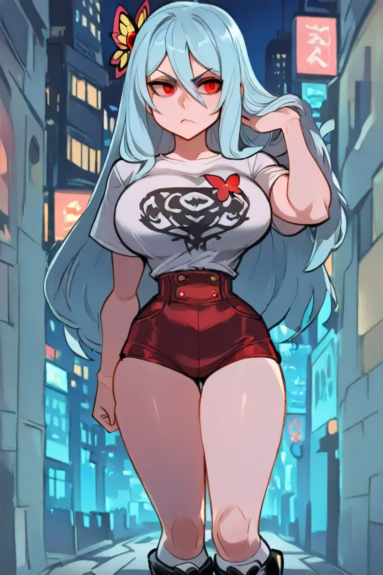 ( High quality), (masterpiece), 1 woman,  Whole body,  left hand raised,  accommodating the hair , raising an eyebrow,  Looking forward, hair between the eyes, big breasts,   slim waist,  light blue hair,   long hair,  red eyes , butterfly hair brooch ,   ...