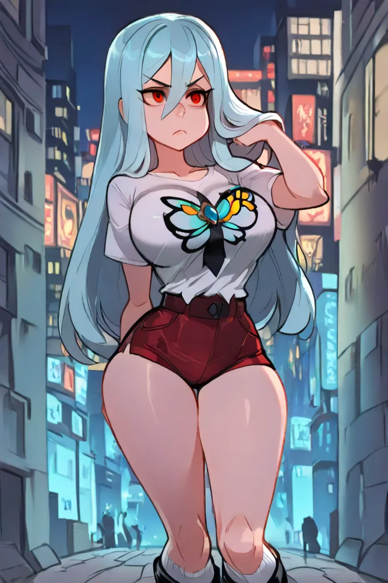 ( High quality), (masterpiece), 1 woman,  Whole body,  left hand raised,  accommodating the hair , raising an eyebrow,  Looking forward, hair between the eyes, big breasts,   slim waist,  light blue hair,   long hair,  red eyes , butterfly hair brooch ,   ...