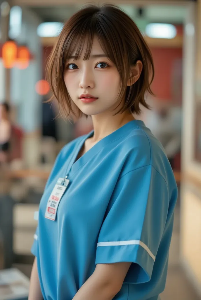 A Japanese female nurse wearing a scrub stands in the center with a serious expression. It is arranged in a poster style. There is no background or text. The overall design is bright and pop.