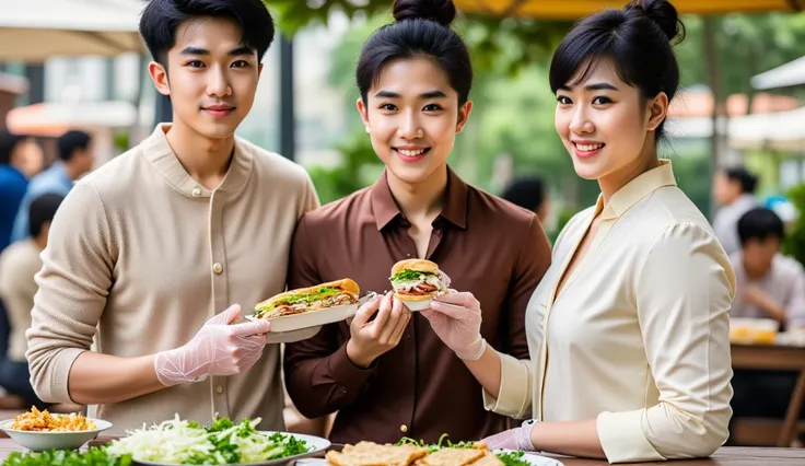 Three young Thai women are standing under a shaded canopy at an outdoor food stall, smiling happily at the camera. They are wearing traditional or elegant outfits: one in a light beige cardigan over a white top and jeans, another in a brown blouse with puf...