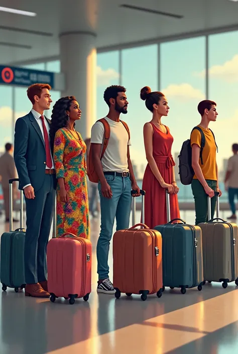 5 people of different genders and dressed in a different style of dress at the airport queuing each person with their suitcase