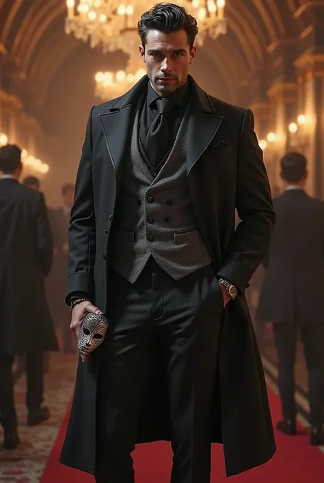 Generate a man with black overcoat on his shoulders wearing gray vest, black dress shirt, black trousers, loafers, and some in his vest and trouser holding a mask in his eyes for a masquerade party