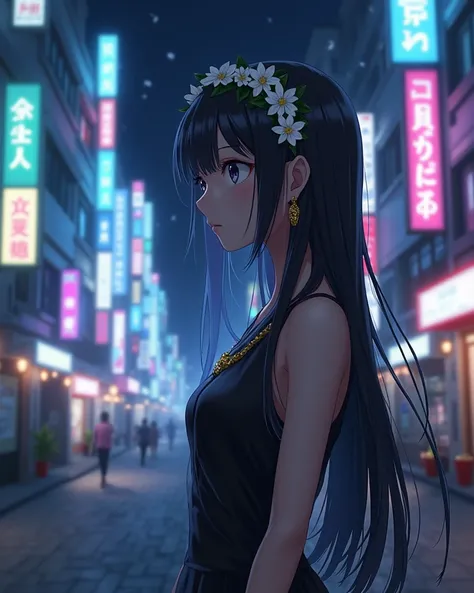 Anime girl (ethnicity:1.0), (age:1.5), (detailed clothing:1.2), (accessories:1.2), (detailed skin texture:1.2), (facial features:1.3), (expression:1.2), (body type:1.2), (pose:1.2) in a black dress, profile view, looking to the right, standing in a city st...