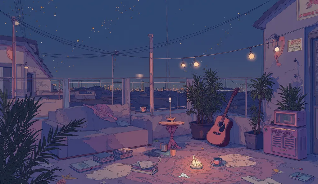 Rooftop at night、nighttime scene、outside of house、with no people、Calm and meditative atmosphere、houseplant、Lo-fi atmosphere、String Light、Cozy sofa、Pink radio with retro design、Hot coffee on the coffee table、Warm blanket、Scattered books、There is an acoustic...