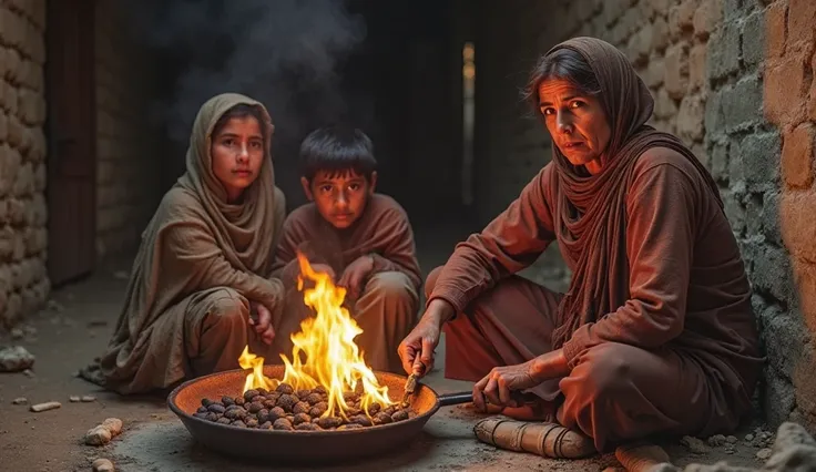 Create a hyper-realistic, full HD image that captures the following scene with absolute clarity and precision:

Main Scene:

Mother and Stove:
A tough, impoverished Pakistani mother is sitting near a traditional clay stove (chooley). Her worn and tattered ...