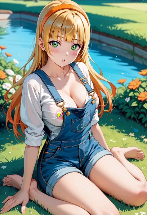 ((Highest quality)), (( masterpiece)), (exhaustive), Love Live style girl, Alone,
((blonde hair)), ((green eyes)), ((long hair)),straight hair, (blunt bangs:1.4), (orange hair band), (big breasts:0.8), (Upswept eyes:1.5),(wide-eyed:1.1),
 completely naked,...