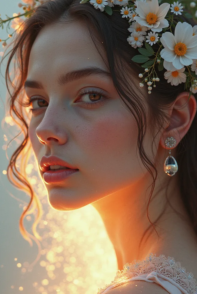 A glowing digital artwork of a woman’s face outlined with light and floral elements, with 'March 8' displayed gracefully, leaving enough space for additional text."