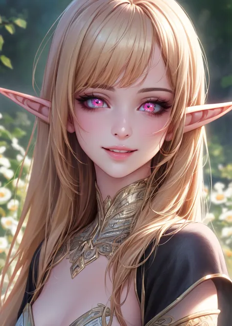 cute half-elf lady She has side parted hairs, she has cute bangs, She has vary long bright blonde hair with pink tip, She has pink eyes, one ribbon tied sexy instead of clothes