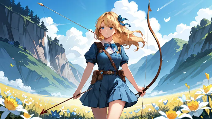 beautiful girl, anime girl with Bow and Arrow in field of flowers, anime girl with a Bow and Arrow, with Bow and Arrow, Wield a bow, Bow and Arrow, female action anime girl, Female Archer, holding Bow and Arrow,  high quality anime art style  , holding a B...