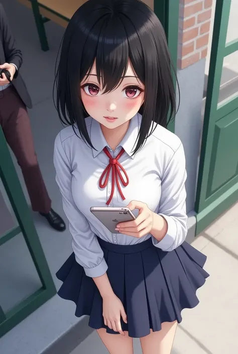 สาว ,Bird's-eye view composition, Ploy,  girl, short black hair, black, innocent but sly expression, white school uniform with navy skirt, showing her phone to the teacher, school entrance with a strict-looking teacher

