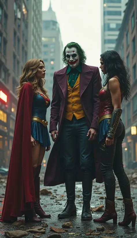 An ultra-realistic 8K cinematic scene of Supergirl, Black Widow, and Wonder Woman looking worried as Joker overpowers their teammates, while Joker smirks confidently.