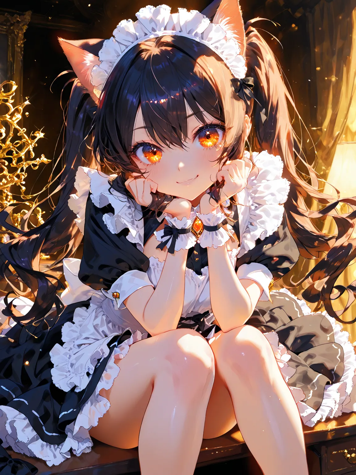  1girl , (Cat ears、 goggles, 金色の装飾が施された gogglesを頭の上にかぶってください, Highly realistic, glossy three-dimensional and reflective ornaments,beautiful:1.42), from below, cowboy shot with dark mucus dripping, Knee, only, Hands Between Legs,  very cute face,  maid cost...