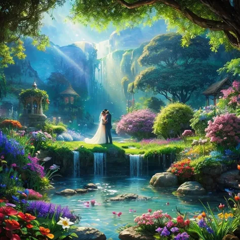 baptism,Baptism,Garden of Eden,Colorful,Dreamy landscape, cloud, light piercing through the cloud, Reflection on the surface of the water, Gentle waterfall,flower々, flower ,Quiet atmosphere, Richness in details, Surreal beauty, Magical Aura, Fantasy Landsc...