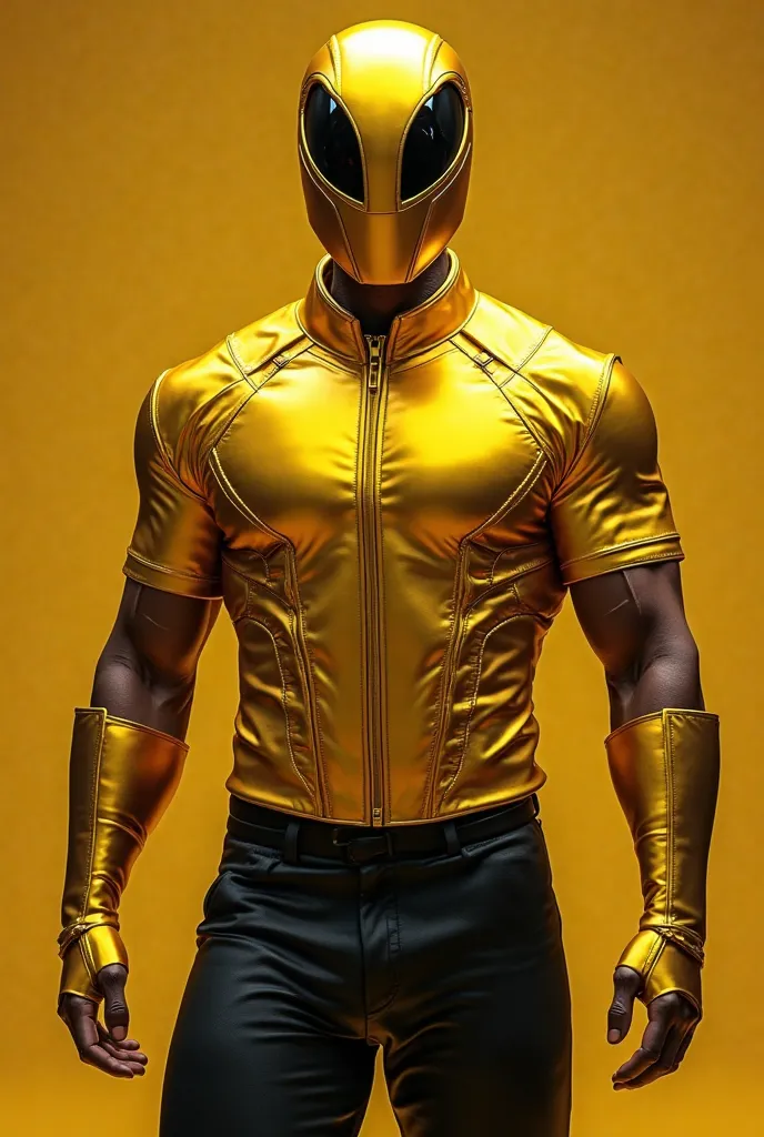 a close up of a person with a yellow shirt and black pants, symmetry!! yellow ranger, the strongest superhero, golden full body armor, body golden armor, upper body avatar, gold body, yellow ranger, golden armor, golden armour, smooth gold skin, gold skin,...