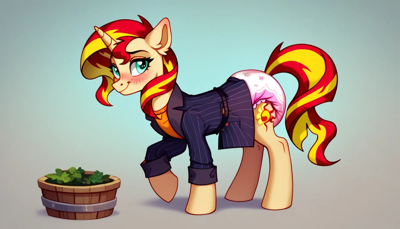 pony unicorn alone , Sunset Shimmer, adult mare, red mane with a yellow strand, mint eyes , stands on four hooves next to an adult foal's pot, red tail with a yellow strand, dressed in a thin light pink diaper, slight embarrassment , light pink blush on th...