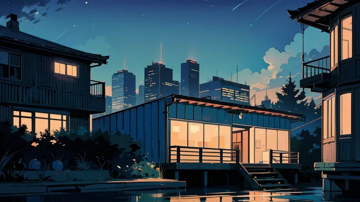 A highly detailed anime-style illustration of a nostalgic 1980s Japanese cityscape at night. The scene captures the rooftops of low-rise and mid-rise buildings, illuminated by the soft glow of warm yellow and blue lights from the windows. A large cylindric...