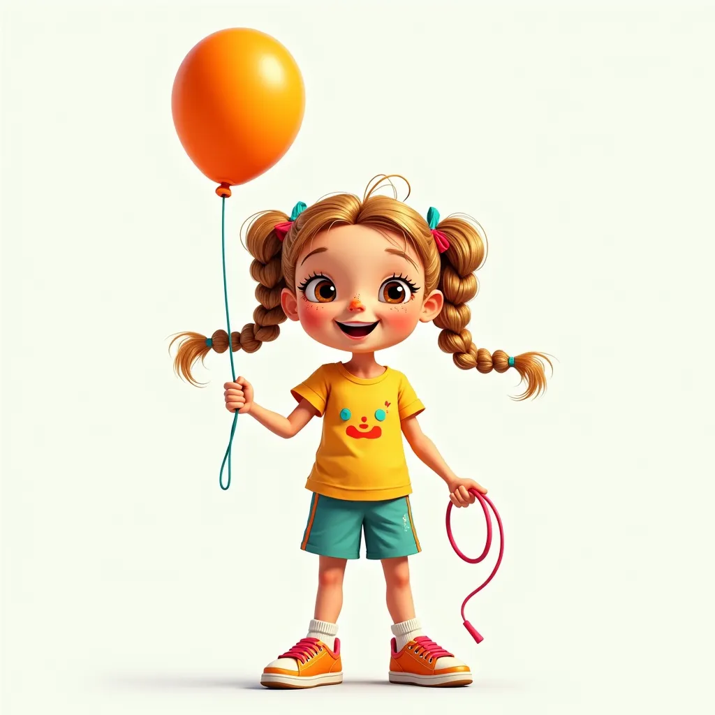 A cartoon girl of European appearance, aged 5-7, with light hair braided into two pigtails and freckles on her nose. She is dressed in sportswear: a bright T-shirt with a pattern, shorts and sneakers with bright laces. In one hand she holds a balloon (for ...