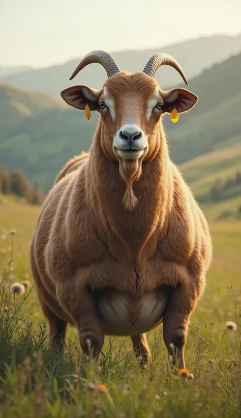 "A highly realistic depiction of a very large, overweight brown goat standing in a grassy field. The goat is visibly pregnant with a large belly and udder hanging down. The goat looks calm and relaxed while grazing, with the grass around it slightly swayin...