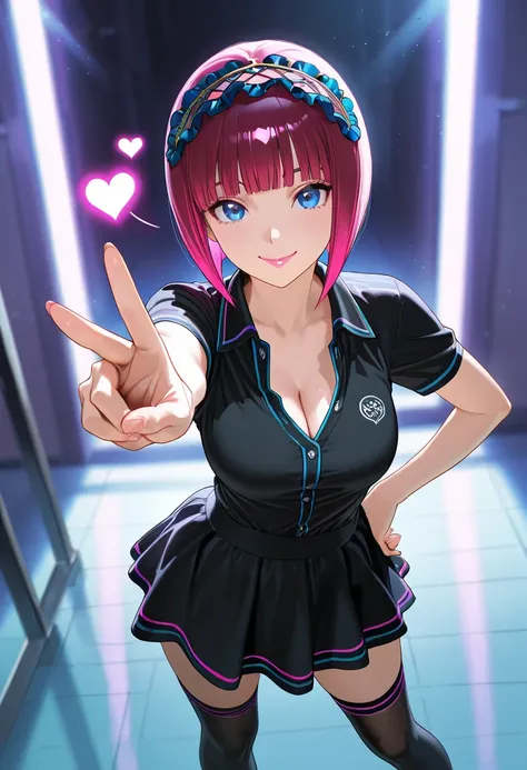 close-up of a cute woman, one hand on hip, one finger sign, glossy silky flowing high layered bob cut hair, smiling mischievously, pink lips, captivating blue eyes, make up, lewd great body proportion, cleavage, wearing black polo shirt, black ruffled mini...