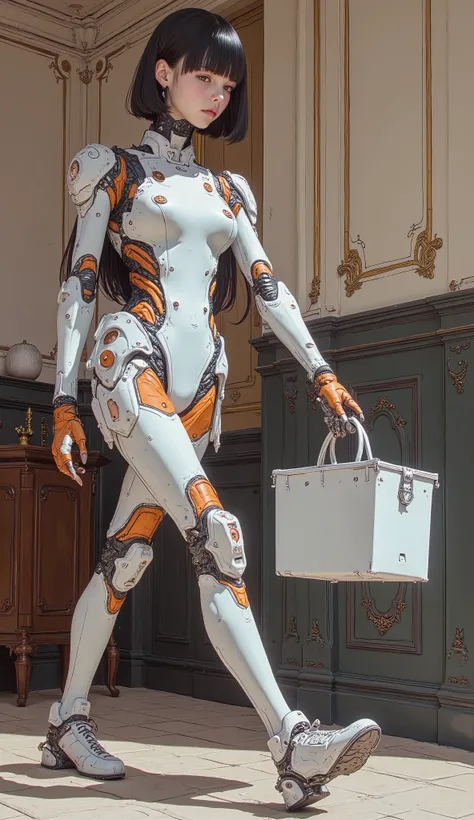 close-up of a robot wearing a white and orange suit、Head imitating a beautiful Japanese high school girl、straight long hair at a fancy hotel、full bangs, A close-up of a robot leg in a white and light blue suit that looks like a cutting-edge prosthetic leg,...